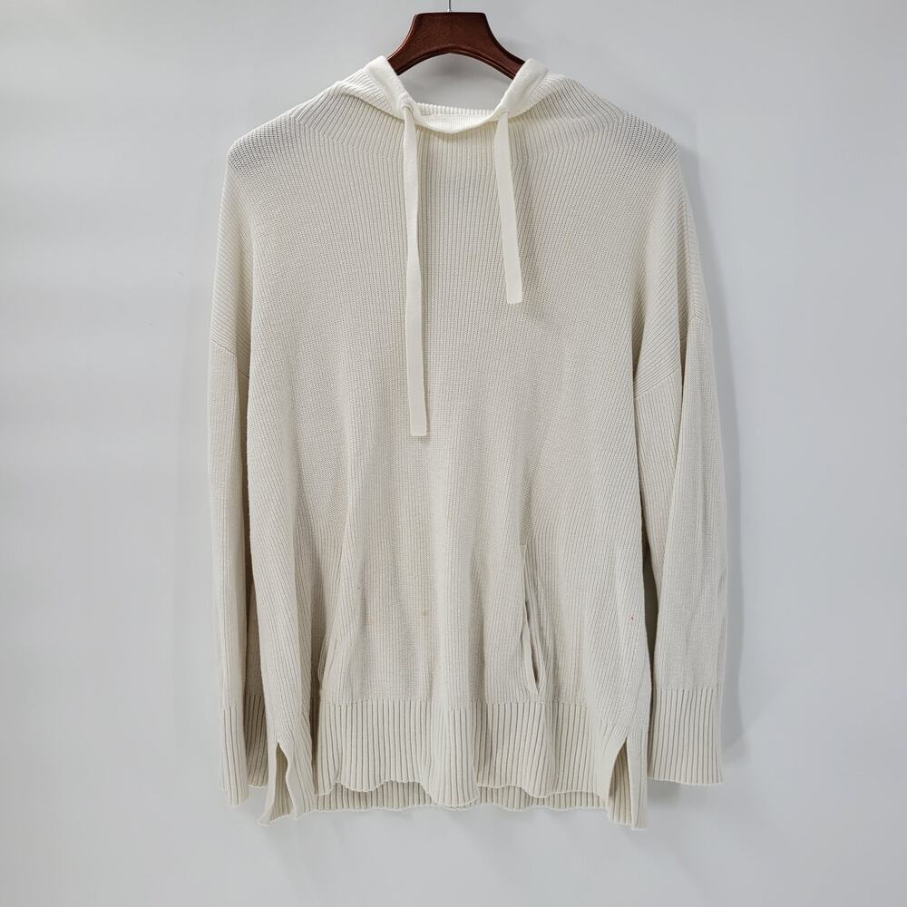 T by Talbots Womens Sweater Large Ivory Drawstring Cowlneck Waffle Knit Pullover